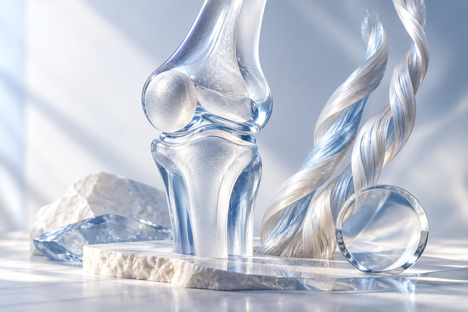 A sculptural illustration of a knee joint and collagen fibres.