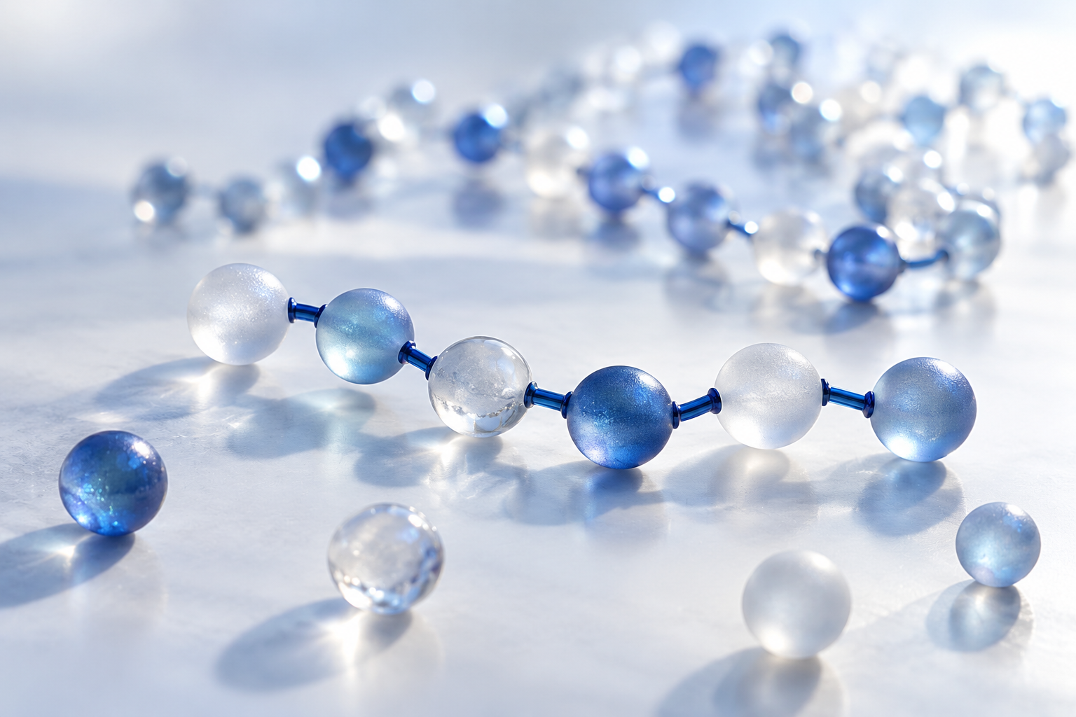 A short chain of glass elements representing a peptide and its constituent units.