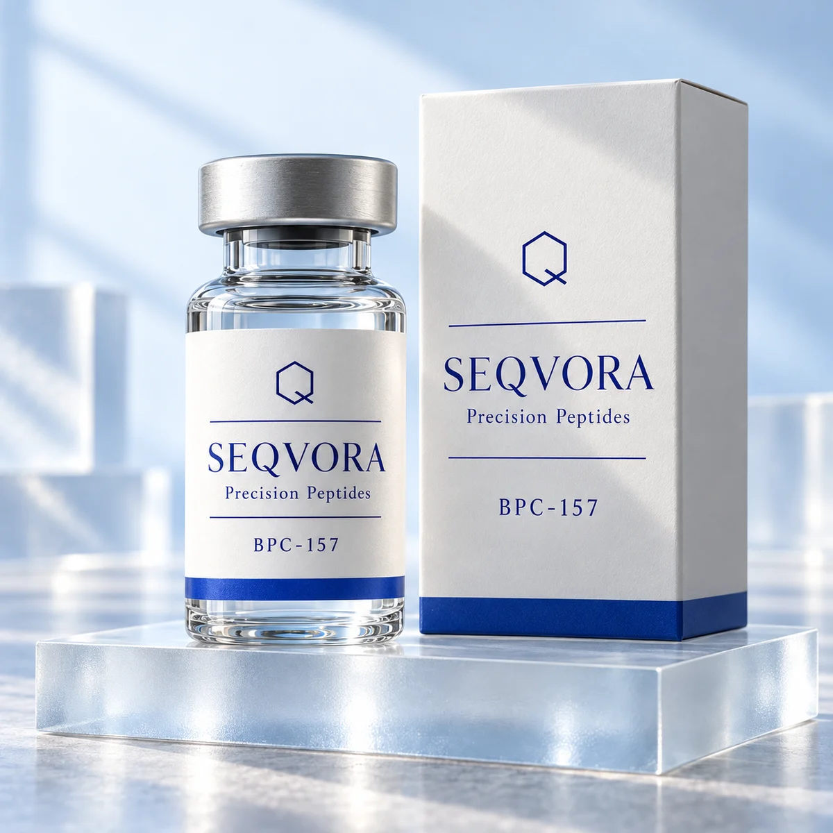 BPC 157 — SEQVORA packaging concept in white and blue
